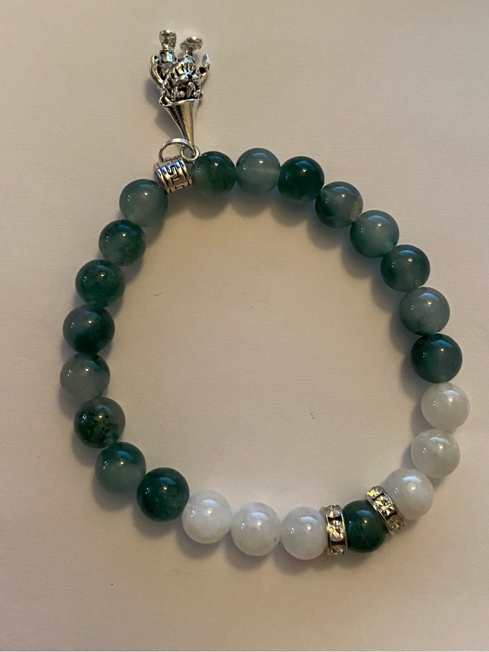 Handcrafted Amazonian Jade & White Jade with Troll Charm stretch bracelet